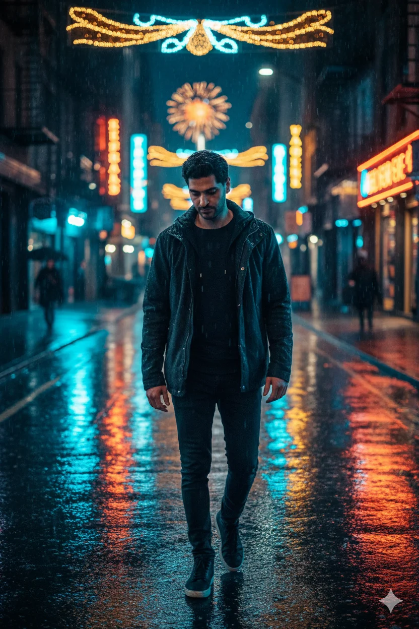 Cinematic New Year 2026 – Rainy Street Reflection Pose